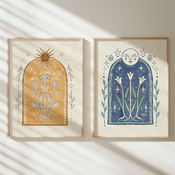 Luna y sol cartel sol bellas artes impresión luna decoración boho home galería pared terrosa pared colgante arte floral amarillo hippy decoración arte hecho a mano