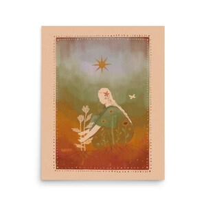 May include: An art print featuring a seated figure tending to a plant. The illustration has a warm color palette with a star and butterfly. The figure is wearing a green dress. The print is framed with a dotted border.