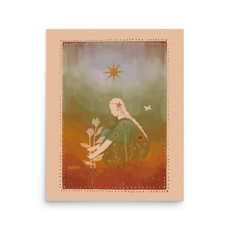 May include: An art print featuring a seated figure tending to a plant. The illustration has a warm color palette with a star and butterfly. The figure is wearing a green dress. The print is framed with a dotted border.
