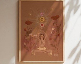May include: A digital illustration of a woman meditating in a field of flowers. She is surrounded by a variety of flowers, including poppies, daisies, and sunflowers. The woman is wearing a necklace and has her eyes closed. The background is a soft, peachy color with a golden glow.