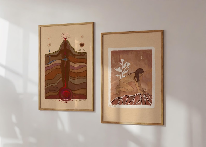 May include: Two framed illustrations of women in a minimalist style. The first illustration depicts a woman standing with her arms outstretched, surrounded by layers of earth tones. The second illustration shows a woman kneeling, reaching towards a plant with white flowers. Both illustrations have a muted colour palette with shades of brown, red, and white.