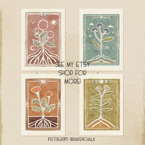 May include: Four watercolor illustrations of stylized plants with roots, each framed in a different color. The plants are depicted in a whimsical style with a focus on the roots and the leaves. The illustrations are set against a light beige background. The text "SEE MY ETSY SHOP FOR MORE!" is written below the illustrations. The text "INSTAGRAM @RAVENCHALK" is written below the text.
