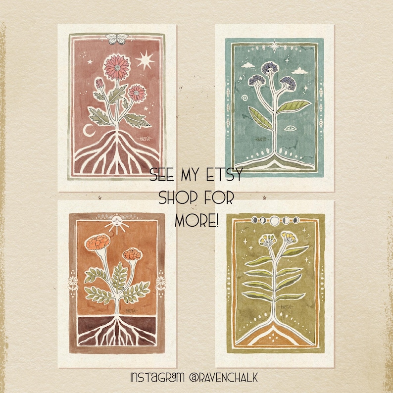 May include: Four watercolor illustrations of stylized plants with roots, each framed in a different color. The plants are depicted in a whimsical style with a focus on the roots and the leaves. The illustrations are set against a light beige background. The text "SEE MY ETSY SHOP FOR MORE!" is written below the illustrations. The text "INSTAGRAM @RAVENCHALK" is written below the text.