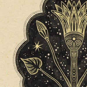 May include: A gold stylized illustration of a flower with leaves against a black background with white dots. The flower has a central stem with a rounded top and two spirals. The background is reminiscent of a night sky with a sun and a star.