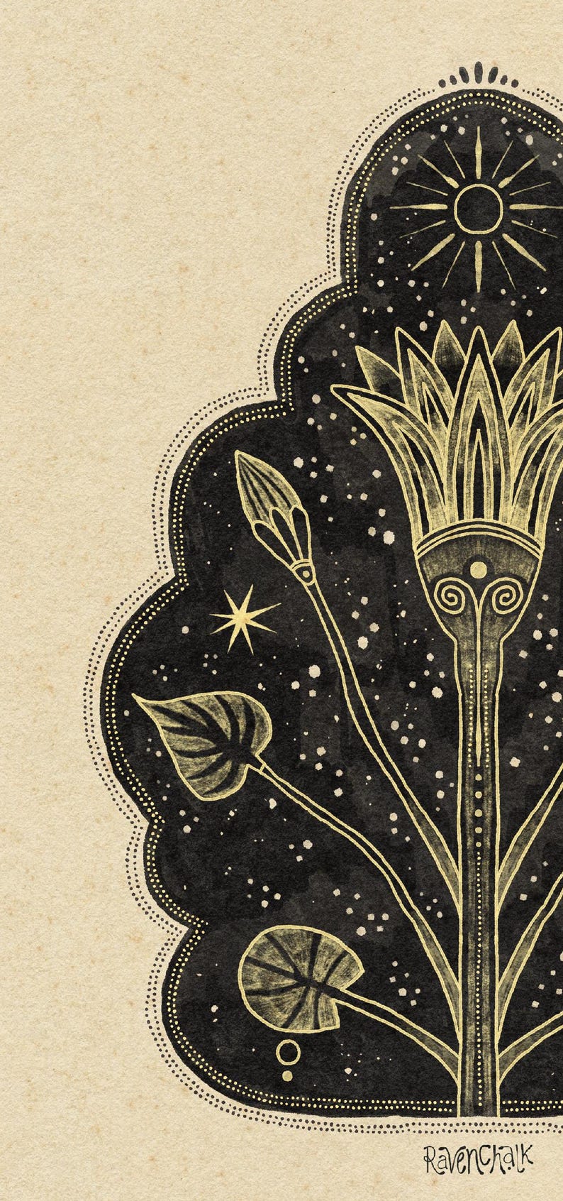 May include: A gold stylized illustration of a flower with leaves against a black background with white dots. The flower has a central stem with a rounded top and two spirals. The background is reminiscent of a night sky with a sun and a star.