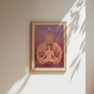 May include: A framed illustration of two figures in a meditative pose. The figures are depicted in a soft, pastel color palette with a pink and purple background. The inner figure is a woman with long, dark hair, and the outer figure is a person with a more androgynous appearance. The figures are surrounded by a faint, glowing light.