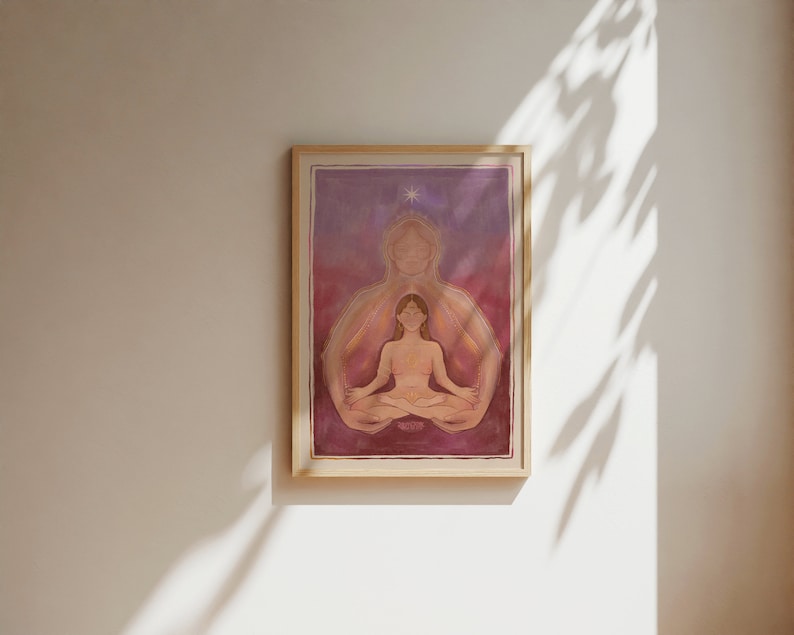 May include: A framed illustration of two figures in a meditative pose. The figures are depicted in a soft, pastel color palette with a pink and purple background. The inner figure is a woman with long, dark hair, and the outer figure is a person with a more androgynous appearance. The figures are surrounded by a faint, glowing light.