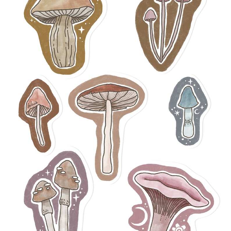 May include: A set of nine illustrated mushroom stickers featuring various colours and designs. The stickers depict different types of mushrooms, including a blue mushroom with stars, a pink mushroom with a crescent moon, and a brown mushroom with a white stem.