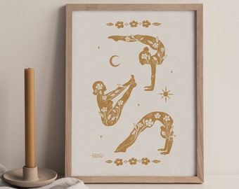 Premium Yoga Arte Impresión Yoga Pose Cartel hecho a mano Yoga Decoración Auto Amor Cartel Boho Yoga Ilustración Floral Pared Colgante Yoga Sala Boho