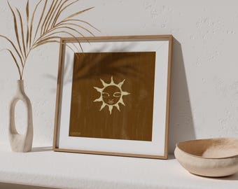 Zon poster kunst zon maan print set Boho slaapkamer zon kunst mystieke muur opknoping hemelse muur kunst aardse illustratie Boho kamer decor warm