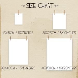 May include: Size chart for prints, showing four different sizes: 5x7 inches, 8x10 inches, 12x16 inches, and 16x20 inches. The chart also shows the corresponding measurements in centimetres.