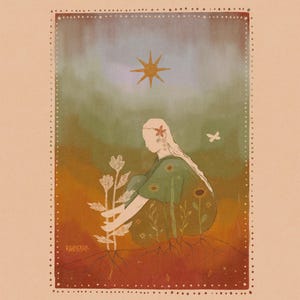 May include: An illustration of a person with long hair, wearing a green dress, tending to a plant with white flowers. A star and butterfly are in the background. The artwork has a warm color palette with a dotted border and the artist's signature.