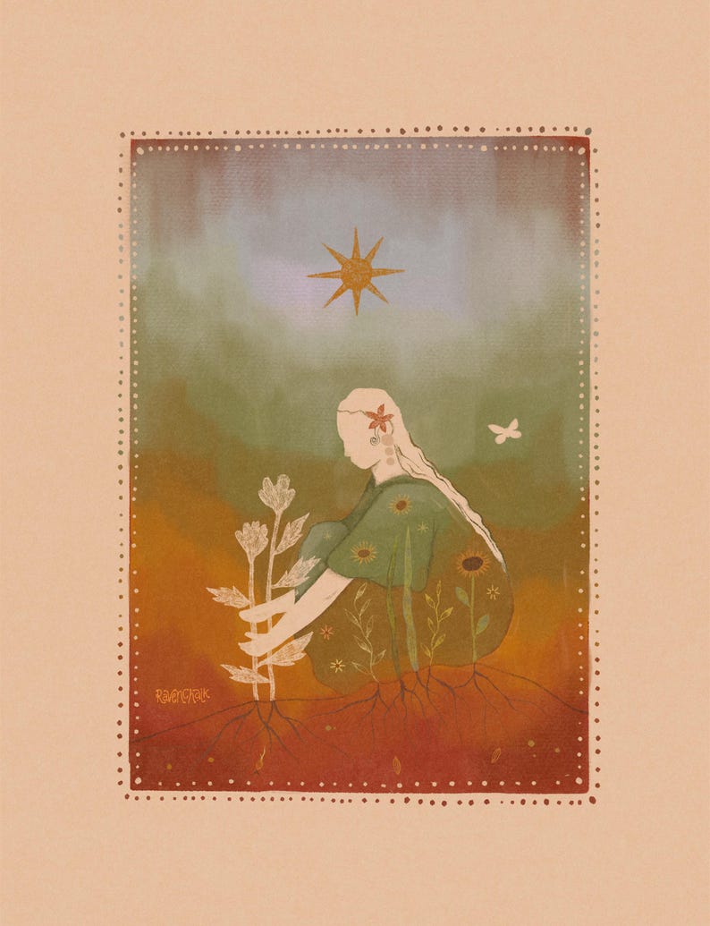 May include: An illustration of a person with long hair, wearing a green dress, tending to a plant with white flowers. A star and butterfly are in the background. The artwork has a warm color palette with a dotted border and the artist's signature.