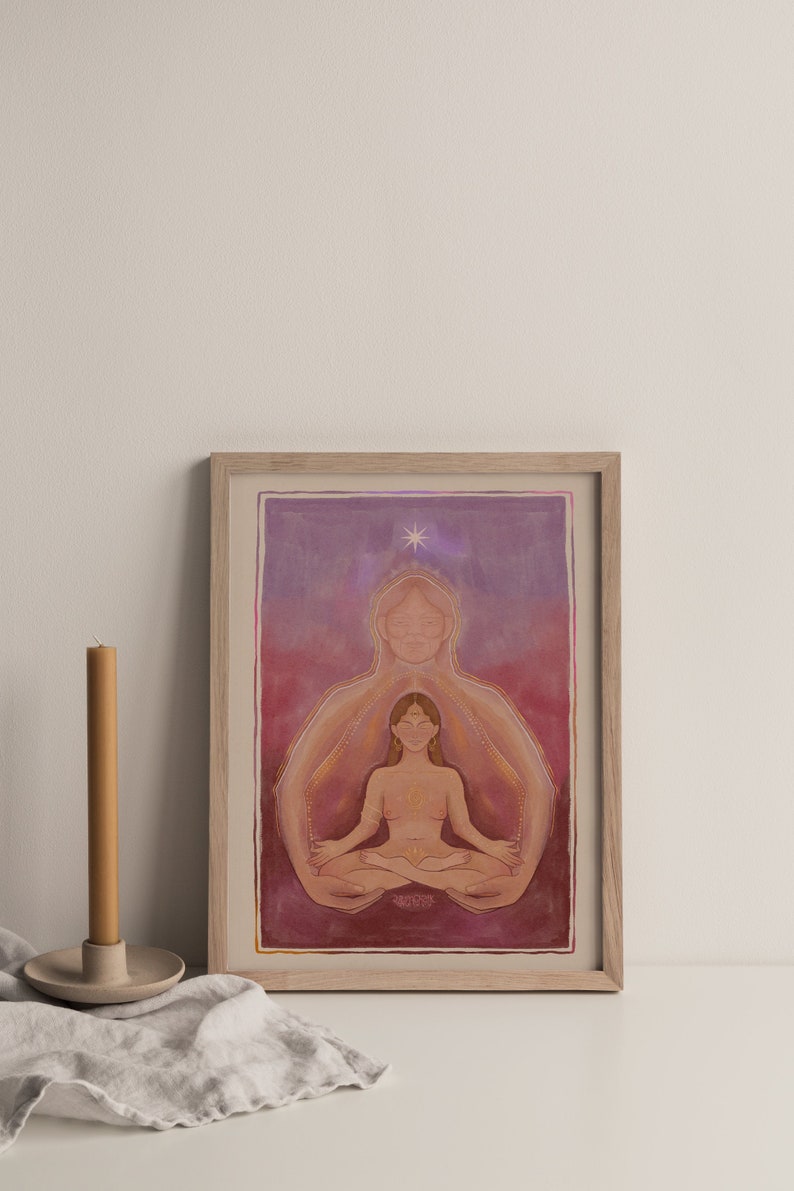 May include: A framed illustration of a woman meditating in a lotus pose. The woman is surrounded by a soft, glowing light and a star above her head. The background is a gradient of purple and red.