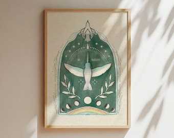 May include: A watercolor illustration of a hummingbird in flight with a green background. The hummingbird is surrounded by a circle of stars, a crescent moon, and the word "remarkable".