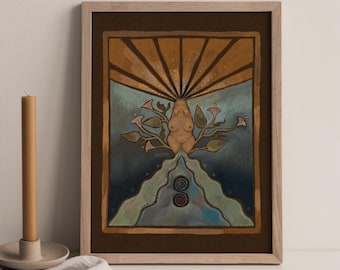May include: A framed artwork featuring a nude figure with floral elements and a radiating sunburst design. The artwork is in a wooden frame with a brown mat. The color palette includes shades of brown, blue, and pink.