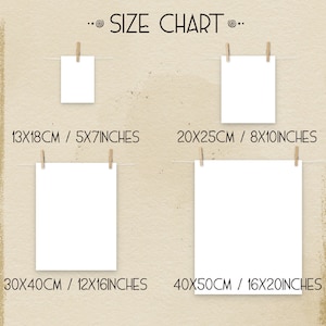 May include: A size chart with four white rectangular prints hanging from clothespins. The prints are labeled with both metric and imperial measurements: 13x18cm/5x7 inches, 20x25cm/8x10 inches, 30x40cm/12x16 inches, and 40x50cm/16x20 inches.