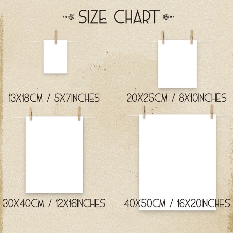 May include: A size chart with four white rectangular prints hanging from clothespins. The prints are labeled with both metric and imperial measurements: 13x18cm/5x7 inches, 20x25cm/8x10 inches, 30x40cm/12x16 inches, and 40x50cm/16x20 inches.