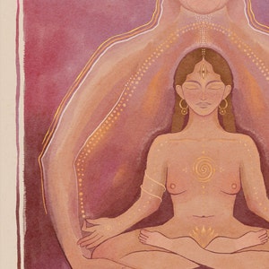 May include: A watercolor painting of a woman meditating in a lotus position. She is surrounded by a golden aura and has a third eye on her forehead. The painting is in shades of pink, orange, and yellow.