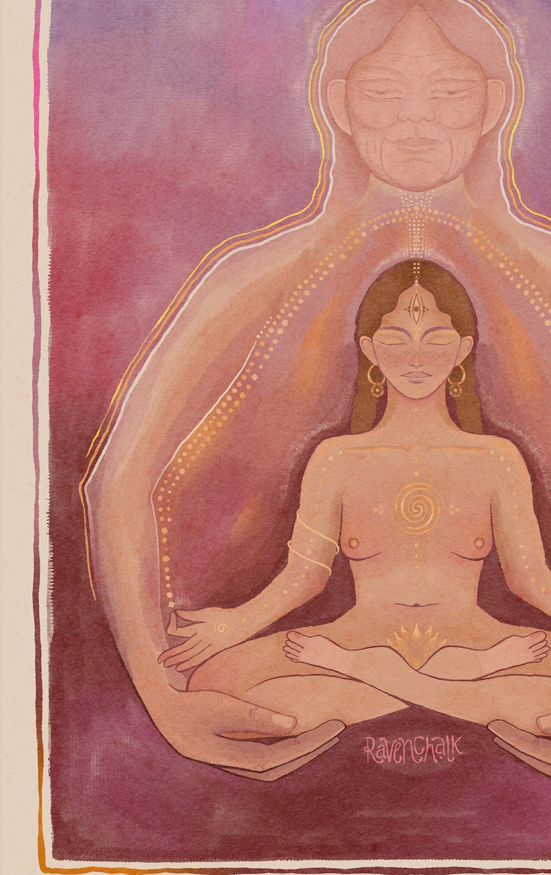 May include: A watercolor painting of a woman meditating in a lotus position. She is surrounded by a golden aura and has a third eye on her forehead. The painting is in shades of pink, orange, and yellow.
