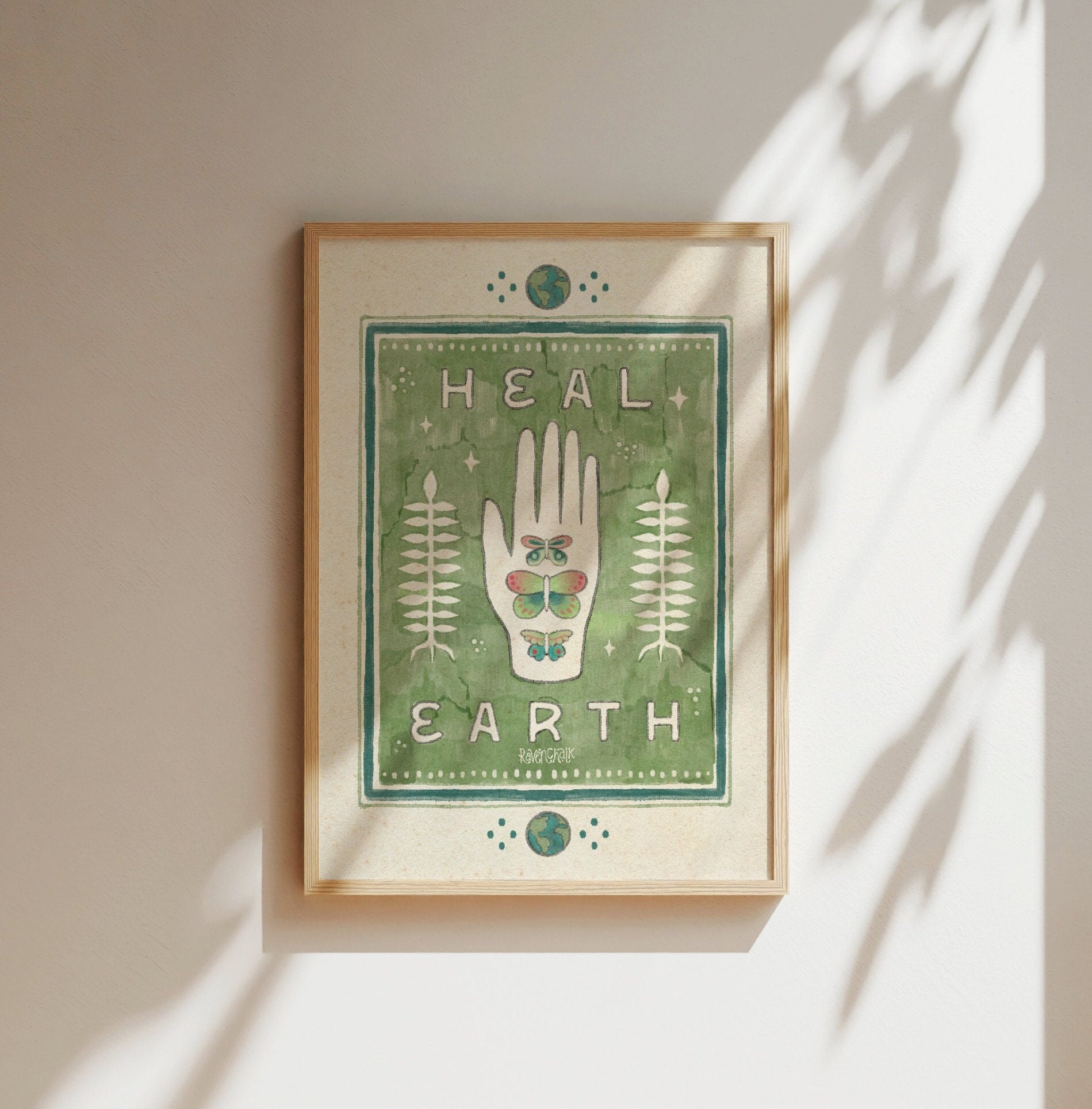 Earth Art Poster Save Earth Art Print Mother Nature Decor Boho Green Art Vintage Boho Home Poster Retro Earth Folk Art Nature Poster Green