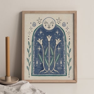 Impression d'art spirituel Illustration des phases de la lune Idée cadeau Boho bleu fleur folklorique Nature oeuvre d'art mystique Floral vintage étoiles terreux décoration de chambre