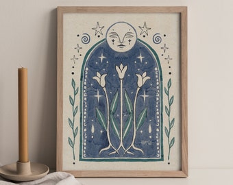 Spiritual Art Print Moon Phase Illustration Boho Gift Idea Blue Folk Flower Nature Mystical Artwork Floral Vintage Stars Earthy Room Decor