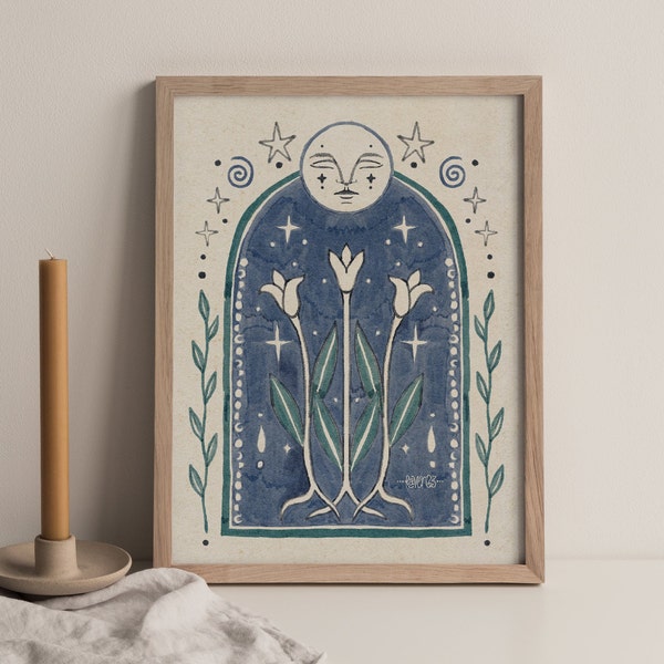 Spiritual Art Print Moon Phase Illustration Boho Gift Idea Blue Folk Flower Nature Mystical Artwork Floral Vintage Stars Earthy Room Decor