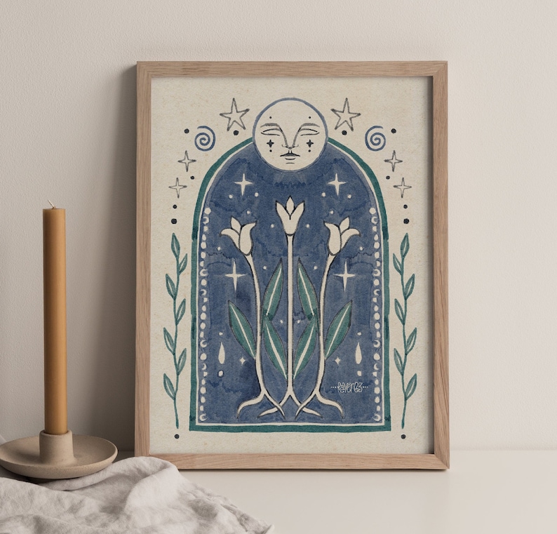 Spiritual Art Print Moon Phase Illustration Boho Gift Idea Blue Folk Flower Nature Mystical Artwork Floral Vintage Stars Earthy Room Decor image 1