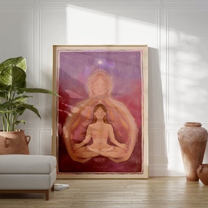 May include: A framed illustration of a woman meditating with a larger, translucent figure of a woman behind her. The background is a gradient of purple and red.