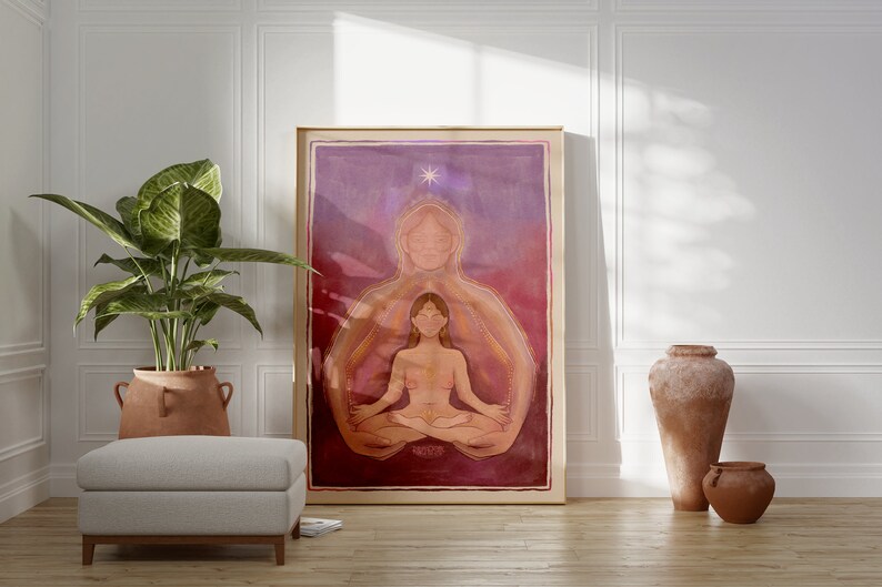 May include: A framed illustration of a woman meditating with a larger, translucent figure of a woman behind her. The background is a gradient of purple and red.
