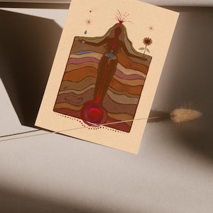 May include: A stylised illustration of a person standing within layers of earth, with a red volcano erupting at the top. The person has a red heart, a blue eye, and a red line running down their body. The illustration is on a beige background.