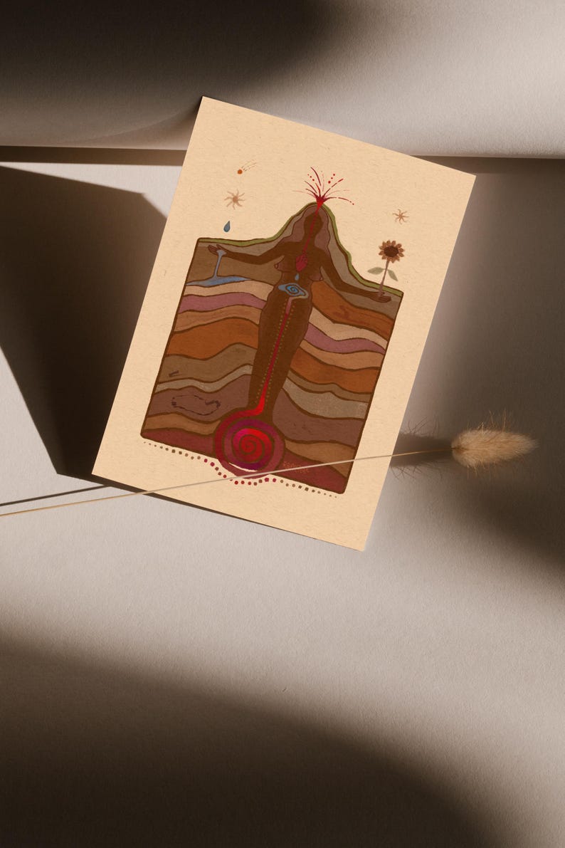 May include: A stylised illustration of a person standing within layers of earth, with a red volcano erupting at the top. The person has a red heart, a blue eye, and a red line running down their body. The illustration is on a beige background.