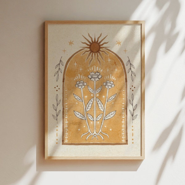Póster de arte del sol, ilustración folclórica, impresión, girasoles, obra de arte espiritual y mística, decoración floral vintage bohemia para dormitorio, flores terrosas de color amarillo y naranja