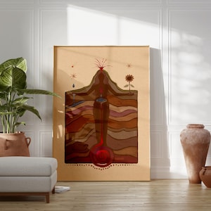 May include: A digital art print featuring a stylised illustration of a woman standing within a cross-section of the earth. The woman is depicted with a red heart and a red line extending from her heart to the centre of the earth. The earth is represented by layers of brown and beige colours.