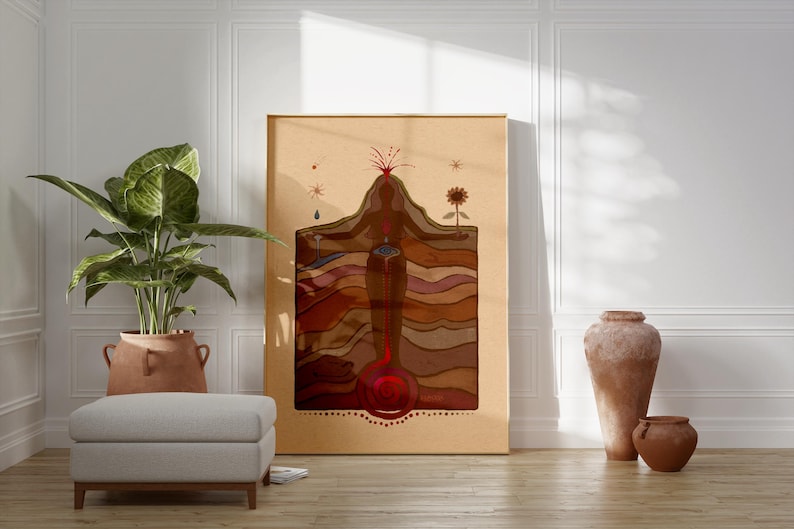 May include: A digital art print featuring a stylised illustration of a woman standing within a cross-section of the earth. The woman is depicted with a red heart and a red line extending from her heart to the centre of the earth. The earth is represented by layers of brown and beige colours.