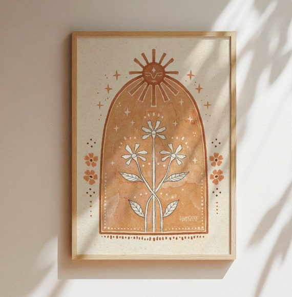 Folk Illustration Sun Art Poster Floral Vintage Print Daisies Artwork Spiritual Mystical Decor Boho Home Decor Yellow Orange Earthy Flower