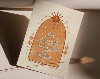 Cartolina d'arte del sole stampa Boho Fiori vintage Mini stampa Hippy Idea regalo Cartolina del sole Arte arancione Bambini Camera da letto Alter Decor Mistico Occulto