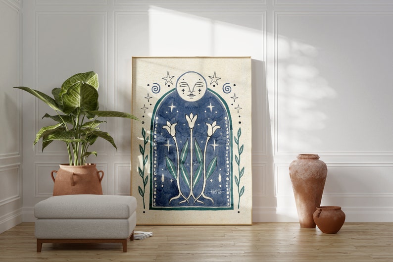 Spiritual Art Print Moon Phase Illustration Boho Gift Idea Blue Folk Flower Nature Mystical Artwork Floral Vintage Stars Earthy Room Decor image 9