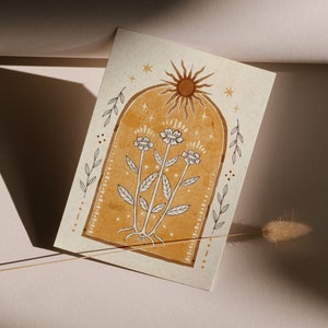 Cartolina artistica del sole A6 Stampa Girasoli Opera d'arte mistica spirituale Floreale Vintage Boho Mini Stampa Giallo Arancione Fiori terrosi Stelle Decorazioni per la casa
