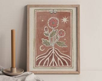 Sun Moon Art Earthy Floral Poster Boho Illustration Folk Artwork Floral Vintage Botanical Bedroom Decor Pink Brown Spiritual Mystical Nature