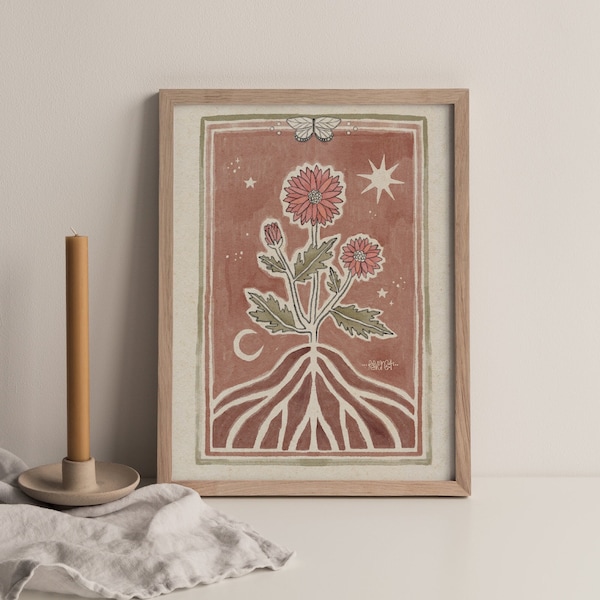 Zon maan kunst aardse bloemen poster boho illustratie volkskunst bloemen vintage botanisch slaapkamer decor roze bruin spiritueel mystiek natuur