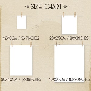 May include: Size chart for prints showing four different sizes: 5x7 inches (13x18 cm), 8x10 inches (20x25 cm), 12x16 inches (30x40 cm), and 16x20 inches (40x50 cm).