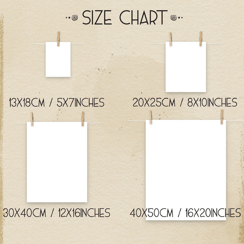 May include: Size chart for prints showing four different sizes: 5x7 inches (13x18 cm), 8x10 inches (20x25 cm), 12x16 inches (30x40 cm), and 16x20 inches (40x50 cm).