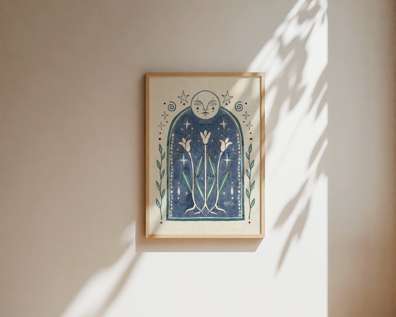 Spiritual Art Print Moon Phase Illustration Boho Gift Idea Blue Folk Flower Nature Mystical Artwork Floral Vintage Stars Earthy Room Decor image 4