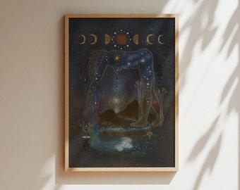 Egyptian Art Poster Goddess Artwork Cosmic Room Decor Mystical Artwork Moon Phases Illustration Feminine Energy Art for Alter Mama Earth Art