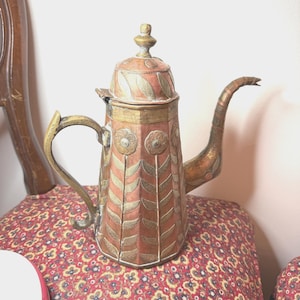 Vintage Moroccan Copper Coffeepot with Brass & Tin Floral Design