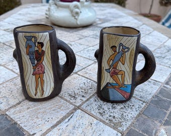Ars Deruta Vintage trämuggar, mytologiska figurer, italiensk keramikuppsättning från 1960-talet