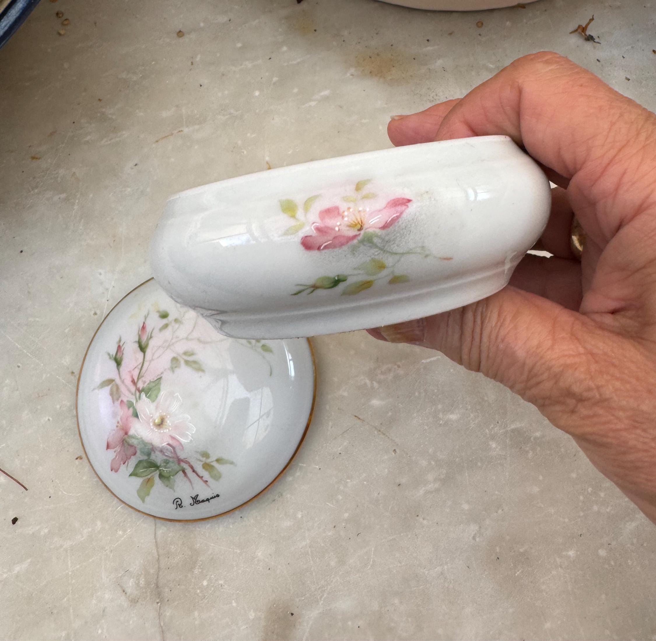 ヴィンテージ リモージュ 小物入れ、ローズマキ 手描き花模様磁器 