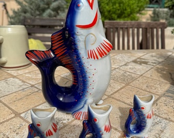 Vintage Russian Fish Decanter Set with 3 Glasses